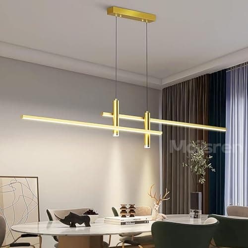 Image of Modern LED Dimmable Pendant Light, Dining Table Lights Ceiling, Linear Chandeliers Height Adjustable, Black Kitchen Island Lights with Remote Control for Dining Room Kitchen Bar (Gold, 120cm)