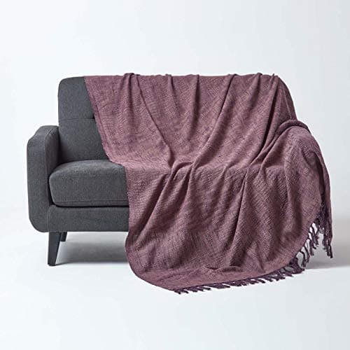 Image of HOMESCAPES Nirvana Mauve Purple Handwoven 100% Pure Cotton Throw 60 x 80 Inches, Bedspread Blanket with Handknotted Tassles in Very Durable and Heavy Quality, Easy-Care and Washable at Home