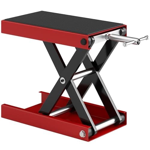Image of DURHAND 500KG Motorcycle Lift Scissor Jack, Height Adjustable Motorbike Stand with Anti-Slip Wide Deck, Heavy Duty Steel Motorbike Repair Lift Hoist Stand for Home Garage, Red