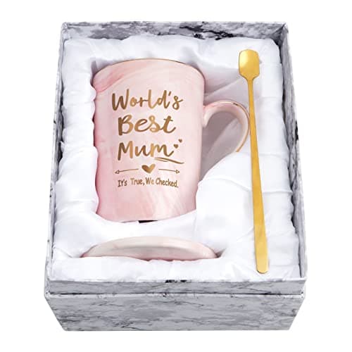 Image of Joymaking World's Best Mum Pink Marble Ceramic Coffee Cup, 14Oz - Mum's Birthday & Mothers Day Gift from Daughter & Son