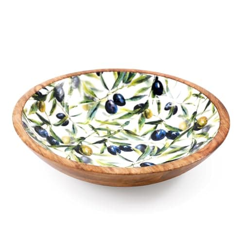 Image of Carousel Home Olive Enamelled Wooden Bowl | Large Mango Wood Serving Dish with Olive Pattern | Mediterranean Salad or Fruit Bowl for Kitchen - 30cm
