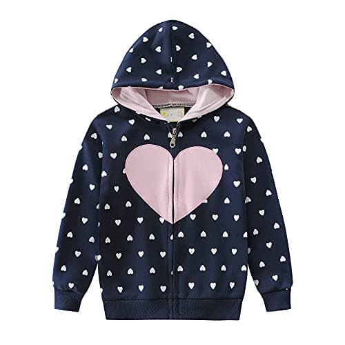 Image of CM-Kid Girls Hoodie Jacket Kids Children Heart Print Zip Up Fleece Warm Hoody Hooded Sweatshirt Outerwear Tops for Age 5-6 Years