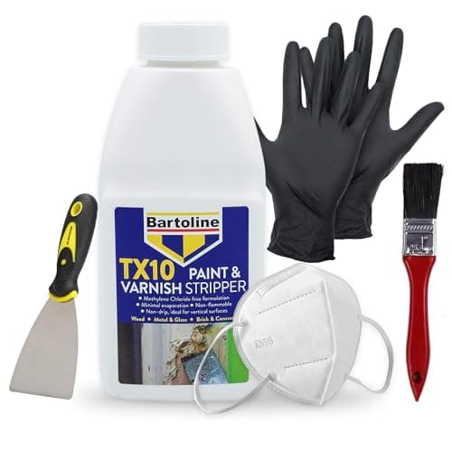 Image of Bartoline TX10 Paint & Varnish Stripper Kit 500ml – Non-Caustic Strong Paint Remover with Scraper Tool, Brush, Gloves & Mask for Wood Furniture, Metal, Concrete, Glass & DIY Restoration