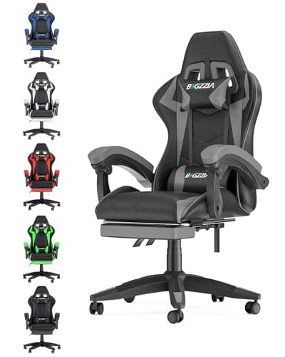 Image of bigzzia Ergonomic Gaming Chair - Gamer Chairs with Lumbar Cushion + Headrest, Height-Adjustable Office & Computer Chair for Adults (with footrest, Grey)