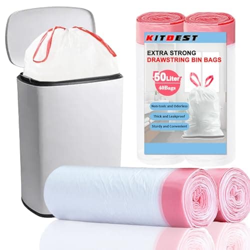Image of 50L Drawstring Bin Bags, KITBEST Heavy Duty Swing Bin Bags with Tie Handle, Large Pedal Trash Garbage Rubbish Bags Kitchen White Plastic Refuse Sacks, Fit for 30-50 Liter Waste Bin, 60 x 77cm