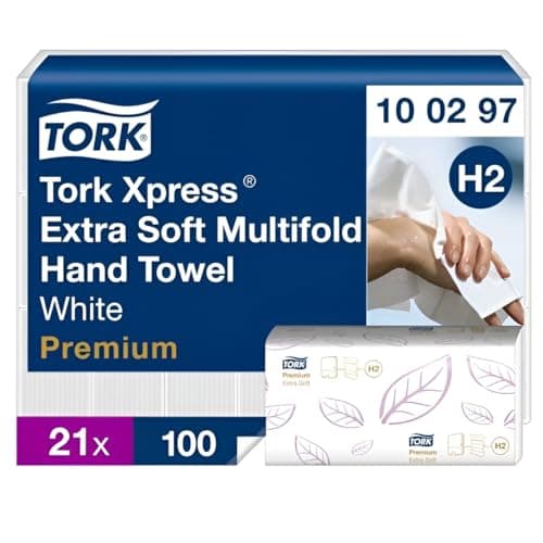 Image of Tork Xpress Multifold Hand Towel, White, Extra Soft, Compatible with Tork H2 systems, QuickDry Technology, 21 packs of 100 sheets each (100297)