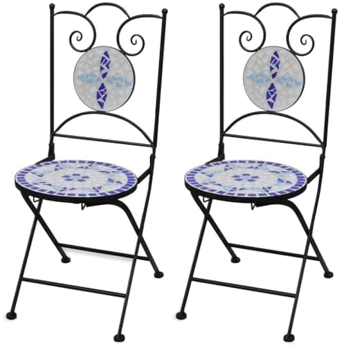 Image of vidaXL Foldable Bistro Chairs Set with Blue and White Ceramic Seat, Iron Frame for Garden, Patio, Balcony