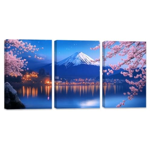 Image of ZQQART Cherry Blossom Canvas Wall Art Set of 3 Japanese Mount Fuji Picture Cherry Blossom Tree Paintings Prints Asian Landscape Decor Framed(Blue,12.00"x16.00"x3Pcs)