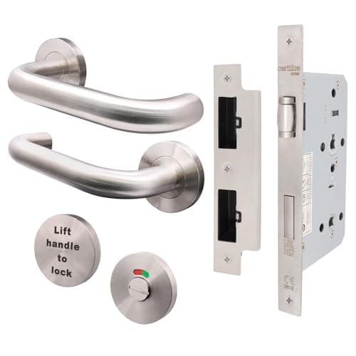 Image of EAI Lift to Lock Return to Door Lever Handle Set with DIN Lock (72mm C/C - Backset 60mm) for Bathroom/Toilet Cubicle Toilet Doors | Satin Stainless | Suitable on 60 Minute Fire Doors