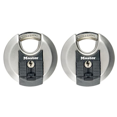 Image of MASTER LOCK Pack of 2 High Security Disc Padlocks, Security Level 8/10, Outdoor, Keyed, Stainless Steel, Weatherproof, Shrouded Shackle