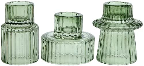 Image of HofferRuffer Candle Holders Set of 3,Glass Votive Tealight Holders for Taper/Pillar/Tealight Candles,Candlesticks for Table Centerpiece, Wedding,Birthday,Gifts（Green）
