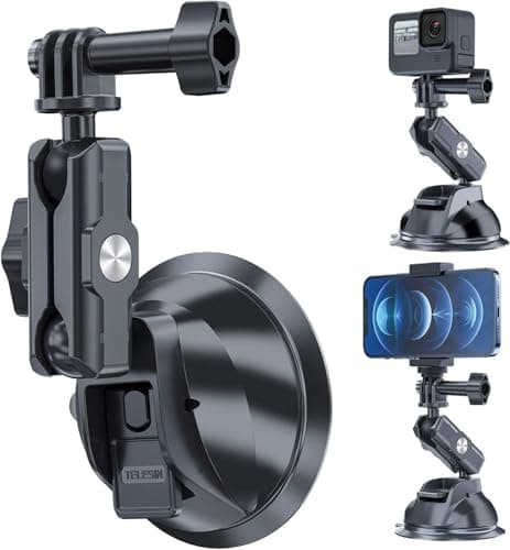 Image of TELESIN Suction Cup Car Mount with Phone Holder for GoPro Hero 13 12 11 10 9 8 7 6 5 DJI Osmo Action 5 Pro 4 Pocket 3 Insta 360 X5 X4 GO 3, Windshield Window Dashboard Boats Vehicle Attach