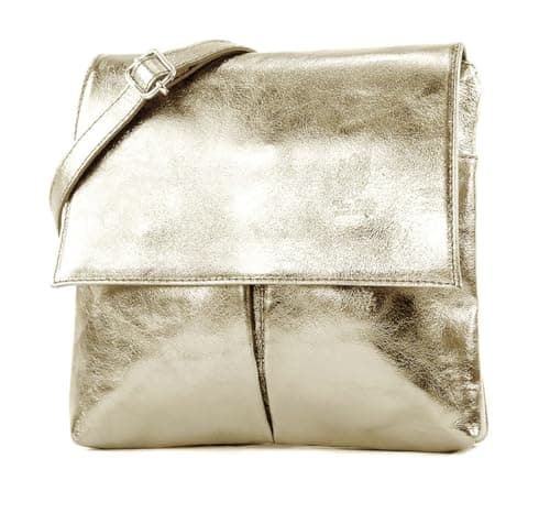 Image of LeahWard Women's Italian Genuine Soft Leather Cross Body Bags Quality Double Pocket Messenger Shoulder Handbag (Gold)