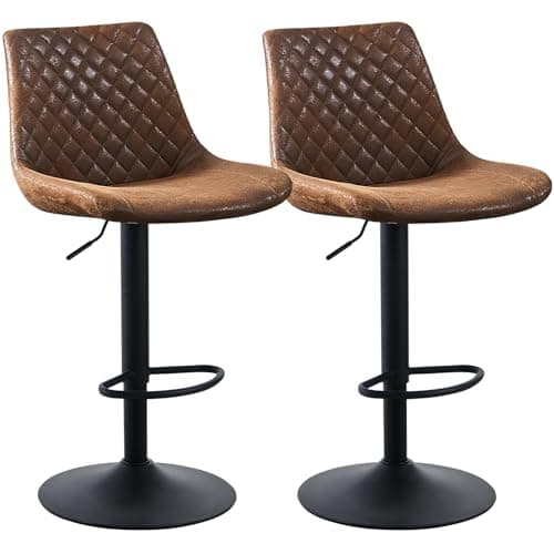 Image of JaHECOME Suede Brown Bar Stools Set of 2- Vintage Swivel Height Adjustable Barstools with Black Metal, Armless Padded Cushion Breakfast Counter Chairs for Kitchen Island, Pub, Restaurant, Café (Brown)