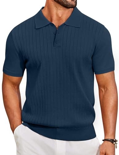 Image of COOFANDY Mens Polo Shirts Casual Summer Short Sleeve Polo Shirt Knitted Polo T Shirt Designer Button Up Knit Polos Regular Fit Golf Shirts Navy Blue S