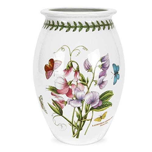 Image of Portmeirion x Botanic Garden Sweet Pea Ceramic Vase - White and Green Design Featuring Large Sweet Pea Flower Motif, Suitable for Gifting or Elegant Table Display, Made in England