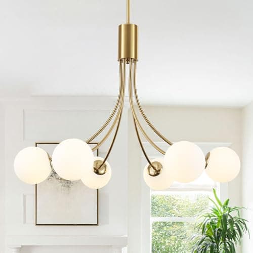 Image of Rviezza Modern Brass Gold Chandelier Ceiling Lights, 6-Light White Globe Glass Shade with G9 Base Semi Flush Mount Ceiling Light, Gold Pendant Light Fixture for Living Room, Dining Room, Bedroom
