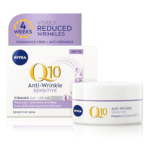 Image of NIVEA Q10 Anti-Wrinkle Sensitive Firming Day Cream SPF 15 (50ml), Anti-Wrinkle Face Cream with Skin Identical Pure Q10 and Liquorice Extract, Sensitive Skin Face Cream