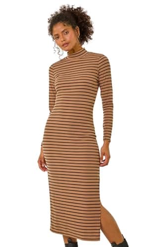 Image of Roman High Neck Stripe Bodycon Midi Dress for Women UK - Ladies Autumn Everyday Winter Holiday Long Sleeve Soft Ribbed Fabric Frock Cozy Gowns - Mocha - Size 14
