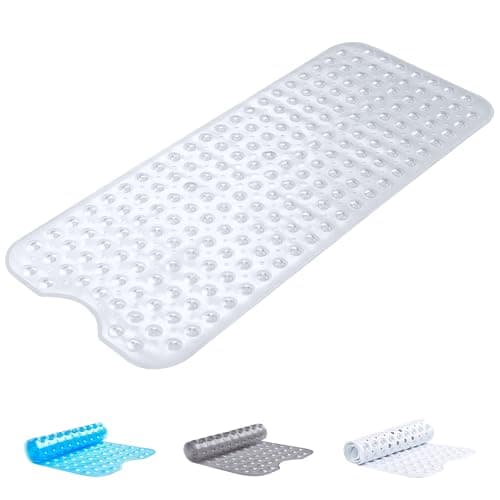 Image of Oxford Homeware Shower Bath Mat Non Slip Anti Mould - Clear 70x38 cm Shower Mat for Bathtub and Bathroom with Drain Holes and Strong Suction Cups Machine Washable Bath Mats