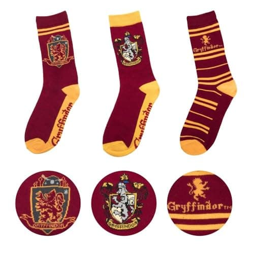 Image of Cinereplicas - Harry Potter - Unisex's 3-Pack - Hogwarts Houses Patterned Socks - Gryffindor - Shoe 6 to 12…