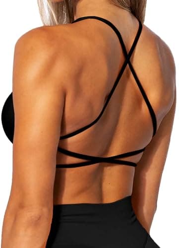 Image of TZLDN Women Workout Backless Sports Bra Removable Padded Strappy Low Impact Support Open Back Gym Bras Yoga Crop Tank Top #5Classic-Black, S