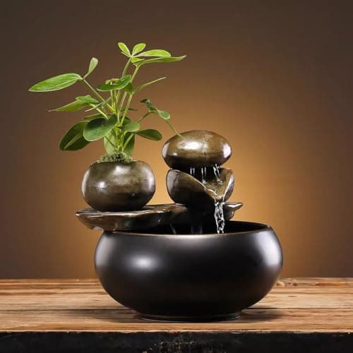 Image of Ceramic Tabletop Fountain with Stone Water Feature – Black Gloss Tabletop Fountain with Natural Design, Quiet Desktop Decor for Home & Office Relaxation
