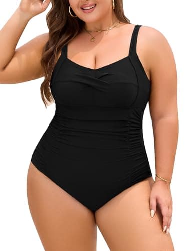Image of Nadeer Women's One-Piece Swimsuit Plus Size Tummy Control Swimwear V Neck Ruched Ladies Swimming Costume Bathing Suit for Beach Sports(Black,XXL)