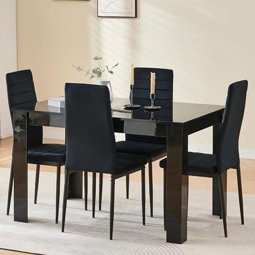 Image of Homullel 120cm Glossing Dining Table and 4 Chairs, 4 Seater Kitchen Table and Chairs Set for Space Saving, Compact Dining Room Set for 4, 120x80 cm, Wooden, Walnut Black (4 Seaters, Flannel Black)