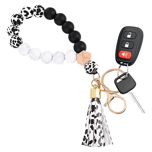 Image of WLLHYF 1 Pcs Silicone Key Ring Bracelet Wristlet Keychains Beaded Bangle Bracelet for Women Beaded Keychain with Leather Tassel Portable Phone Car Keys Decor