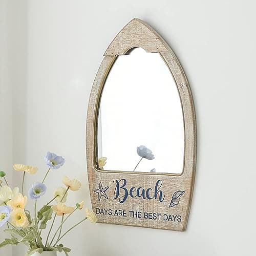 Image of Rustic Wooden Frame Beach Hut Wall Mirror Decorative Wooden Wall Mirror for Bathroom Living Room Beach Theme Bathroom Decoration Whitewashed 15 x 24 Inch