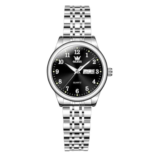 Image of OLEVS Watches Women Silver Stainless Steel Analog Casual Dress Watches for Women Elegant Black Small Wrist Arabic Numerals Dial Simplicity Watches Waterproof Luminous Day Date Ladies Watch