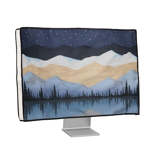 Image of kwmobile Dust Cover for 24-26" monitor - Linen Monitor Protector with Design - Starry Night Lake White/Light Brown/Dark Blue