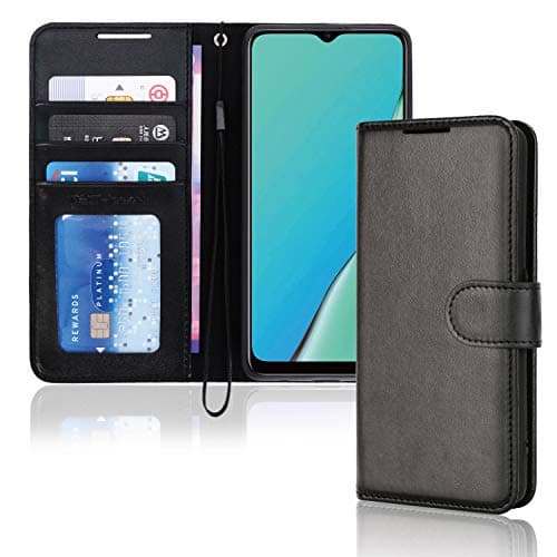 Image of TECHGEAR Leather Wallet Case for Oppo A9 2020 / A5 2020, Flip Protective Case Cover with Wallet Card Holder, Stand & Wrist Strap - Black PU Leather with Magnetic Closure Designed For Oppo A9 / A5 2020