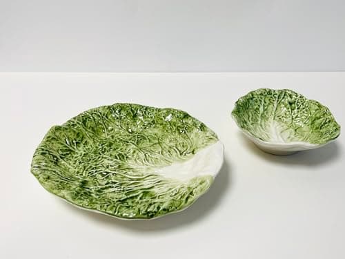 Image of My Square Mile Ceramic Cabbage Leaf Serving Dish Plate Bowl, Green and White, 23cm Large Or 15cm Small, Vegetable Shaped Dinnerware (Large 23cm)
