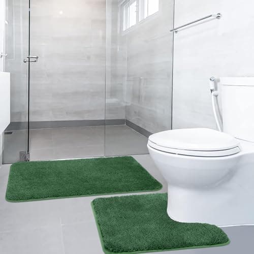 Image of SOANNY Non-Slip Bath Mat Set of 2, Luxury Thick Microfiber Shaggy Bathroom Rugs, 50 X 80 CM Soft Plush Shower Mat & 50 X 50 Toilet Pedestal Carpet, Machine Washable, Absorbent, Dark Forest Green