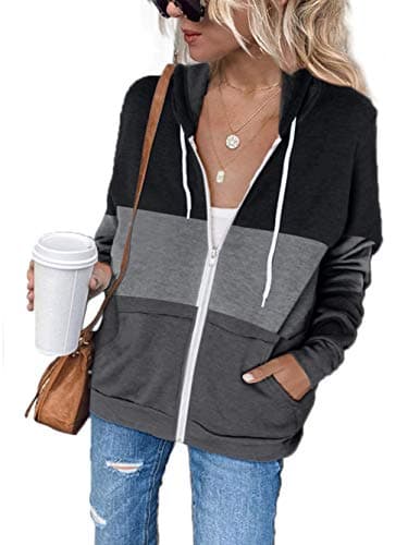 Image of iChunhua Women's Casual Long Sleeve Zip Up Hooded Sweatshirt Hoodies with Pockets Black X-Large
