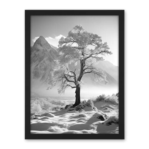 Image of Artery8 Frozen Tree in Snowy Mountain Landscape Bright Black and White Photograph Winter Sunrise Crisp Morning Light Artwork Framed Wall Art Print 18X24 Inch