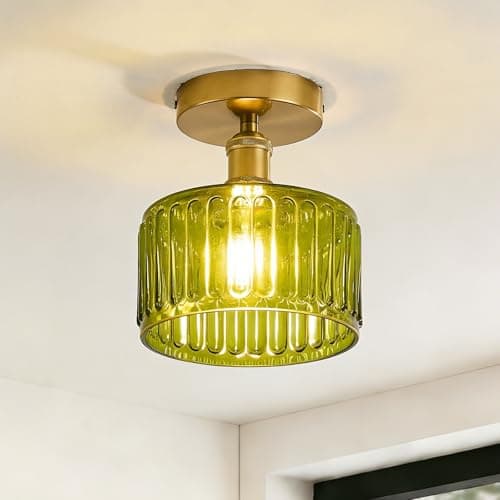 Image of Dellemade Flush Mount Ceiling Light, Green Glass Shade Light Fixture, 1 Light Lighting Fixture for Bedroom,Dining Room,Kitchen, Hallway (Green Style B)