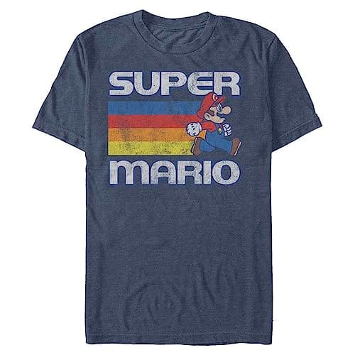 Image of Nintendo Men's Super Mario Running Retro Stripe T-Shirt, Navy Blue Heather, XL