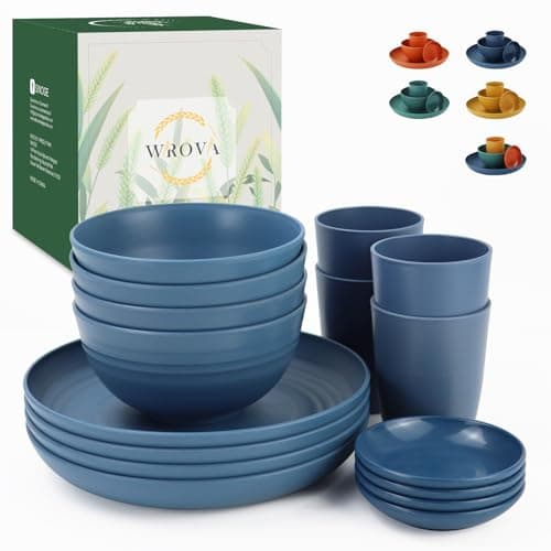 Image of Wrova Reusable Plastic Plates and Bowls Sets of 16 Dinner Set - Unbreakable Plates Sets | Service for 4 | Lightweight Plastic Dishes Set for Camping - Microwave Safe and Dishwasher Safe. Blue