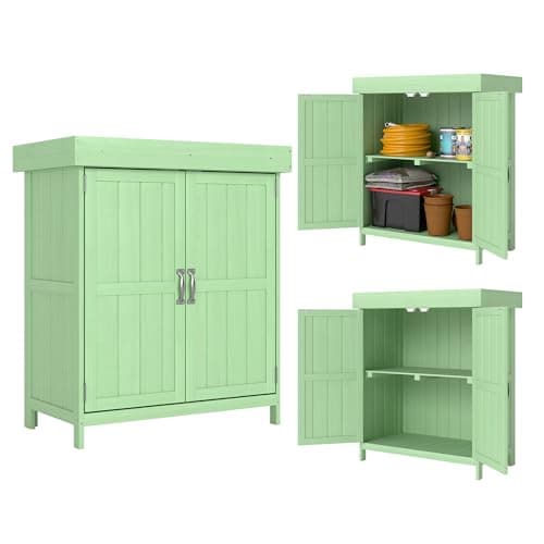 Image of Outsunny Small Shed, Wooden Garden Shed with Openable Hinged Roof and Removable Shelf, Outdoor Tool Storage Cabinet Chest with Double Doors, 74 x 43 x 88 cm, Light Green