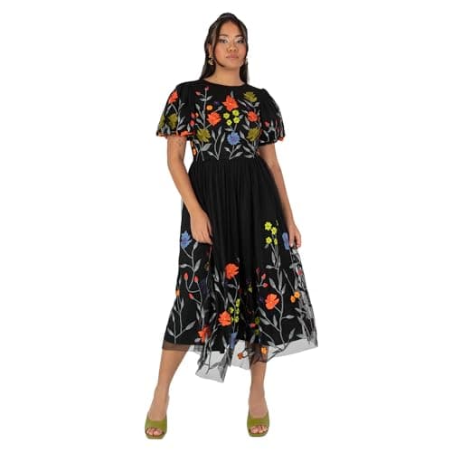 Image of Maya Deluxe Women's Midi Dress, Black, Puff Sleeves, Round Neck, Floral Embroidered Open Back Tie A-line Occasion Evening, Size 24