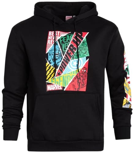 Image of Marvel Men’s Avengers Fleece Hoodie Sweatshirt – Retro Iron Man, Hulk, Captain America, Thor, Spider-Man, Marvel Black, Medium