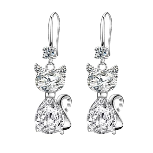 Image of Silver Drop Earrings For Women 925 Sterling Silver Cat Studs With Crystal Hoop Earrings Hypoallergenic Dangle Earrings With Cubic Zirconia Birthstone Earrings For Valentines Birthday