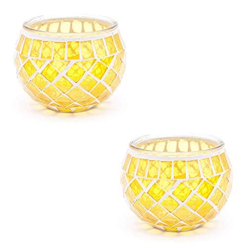 Image of S4U Mosaic Glass Candle Holder Vintage Jar Tea Light Holders Romantic Tea Light Candle Holder Home Decoration with Upto 8 Hour Burn Tea Light Candles (Golden Yellow Twin Pack)