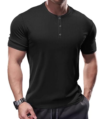 Image of Muhshoiy Men's Ribbed Summer Cooling Short Sleeve T-Shirt - 3 Metal Button Placket, Drapey Fabric, Stretchy Muscle Slim Fit Shirt, Lightweight and Breathable Black L