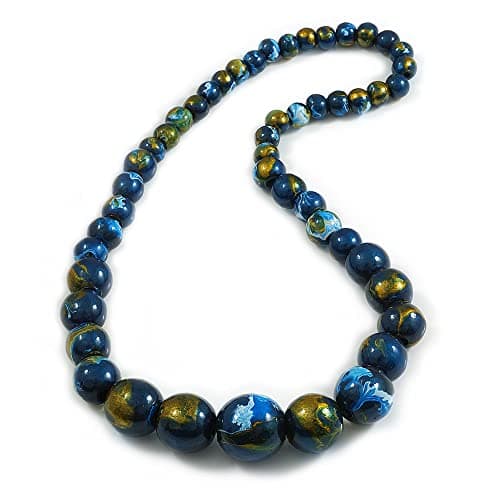Image of Avalaya Chunky Graduated Wood Glossy Beaded Necklace in Shades of Dark Blue/Gold/White - 66cm Long