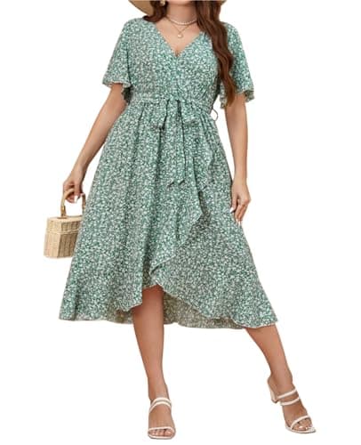 Image of Kyzoeyou Women's Plus Size Summer Dresses Casual Floral Ruffle Sleeve Midi Dress Floral V Neck A-Line Sundress with Tie Waist(Green XX-Large)