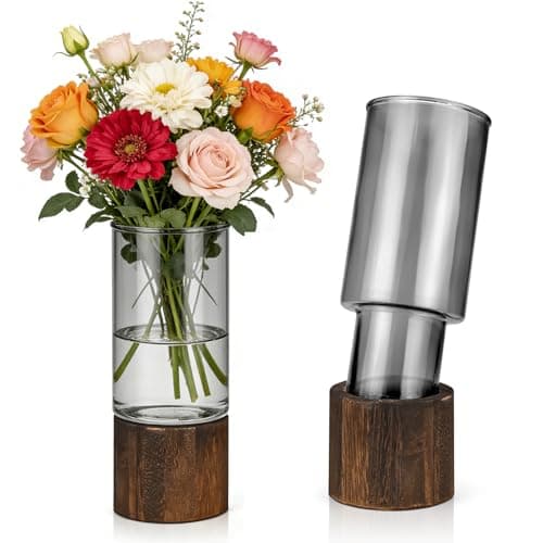 Image of Glass Vase for Flowers - 25cm Tall Cylindrical Vase with Wooden Base Clear Large Flower Vases Boho Rustic Style Vases Modern Minimalist Ornaments for Pampas Grass Dried Flowers Wedding Home Decor